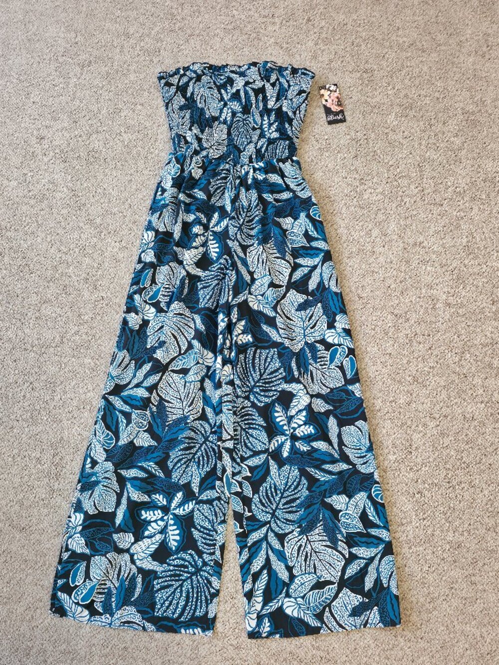 NWT Hint of Blush Tropical Leaf Print Strapless Jumpsuit Size S